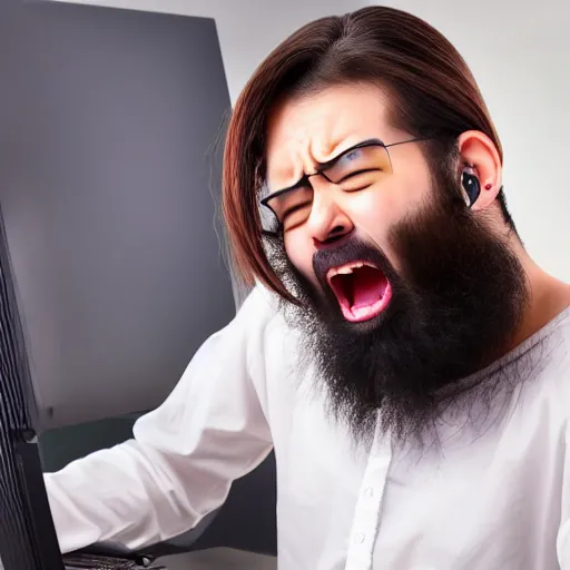 Prompt: Ugly weeaboo screaming at the computer screen, male, ponytail and beard, realistic photo