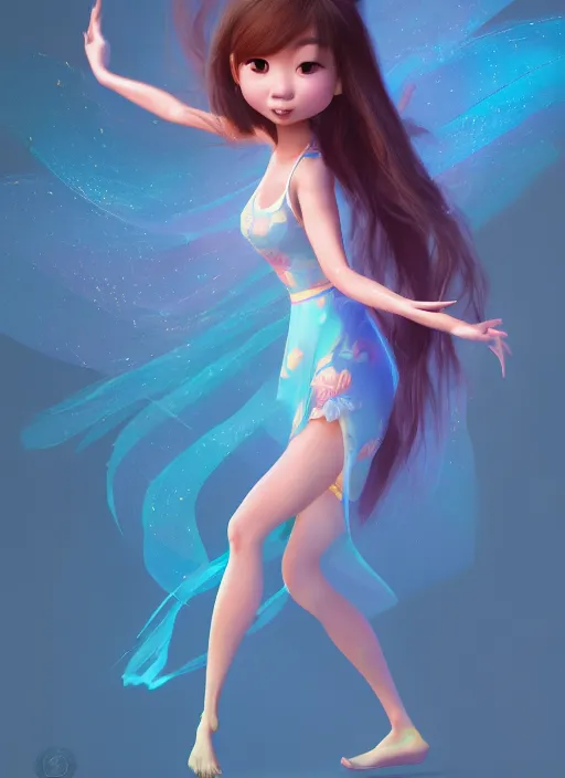 Image similar to a cute asian girl dancing, flowing hair in the style of pixar animation, full body shot, viewed from bellow, award winning, hyper detailed, studio lighting, artstation, octane renderer, unreal engine