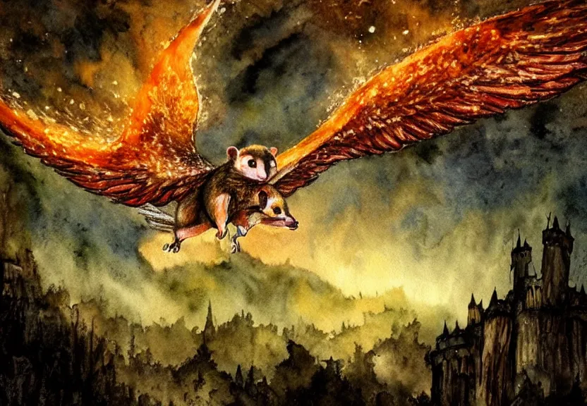 Image similar to legendary fire winged possum flying over a medieval forest castle at night under the dark starred sky, dark fantasy, watercolor, dreaming illusion, highly detailed, 4k, trending on Artstation