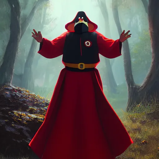 Image similar to a wholesome animation key shot of a black mallard, wearing red cultist robe, pixar and disney animation, sharp, rendered in unreal engine 5, anime key art by greg rutkowski, bloom, dramatic lighting