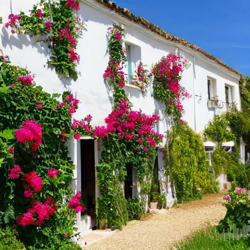 Image similar to ile de re house with a garden, two stores, white walls, orange roof