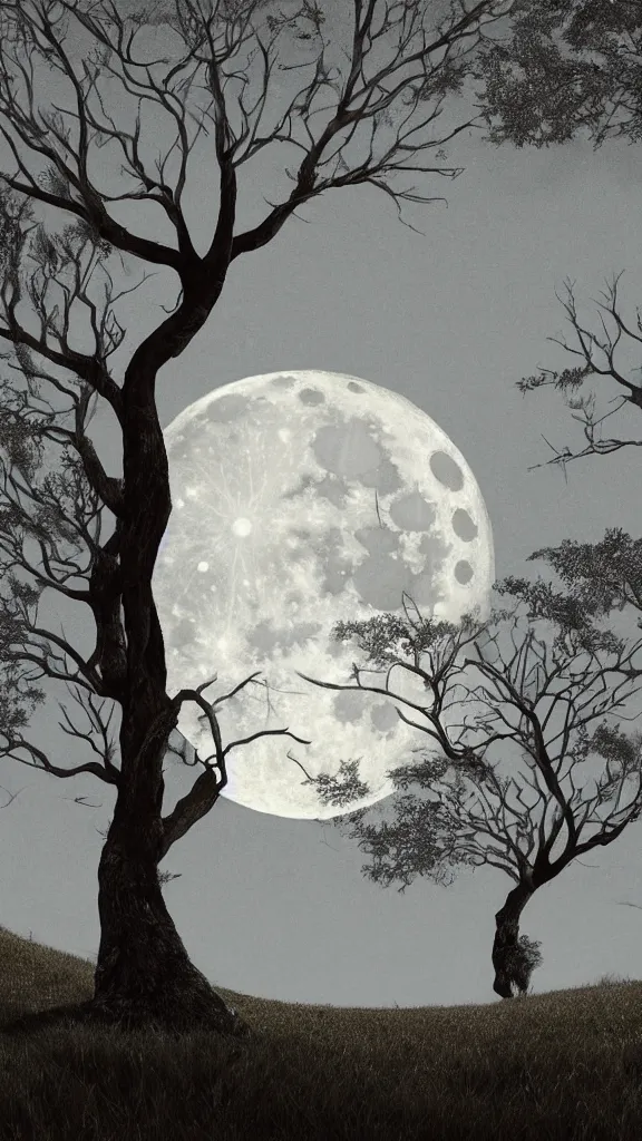 Prompt: book cover, tree in front of a full big moon, dramatic lighting, cinematic, realistic establishing shot, extremely high detail, photo-realistic, cinematic lighting, digital restoration, very sharp, high quality, high details, ISO 50, realistic, Artgerm, post processed, realistic concept art, artstation, realistic matte painting, style by eddie mendoza, raphael lacoste, alex ross