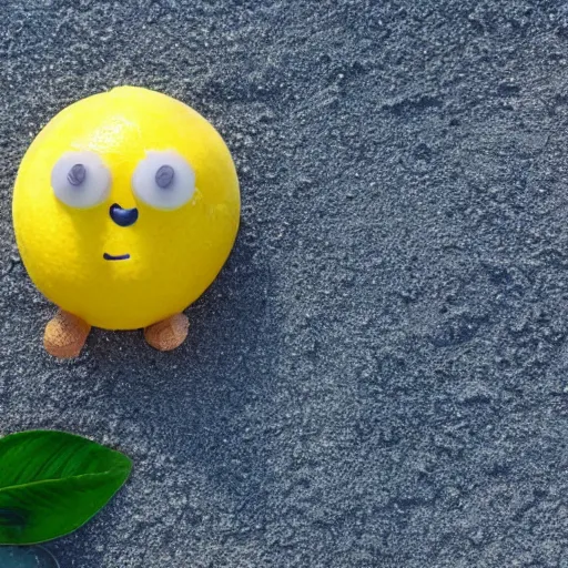 Image similar to a lemon in shape of a human with legs of lemons and round body, arms of lemons, it's relaxing on a beach, volumetric light