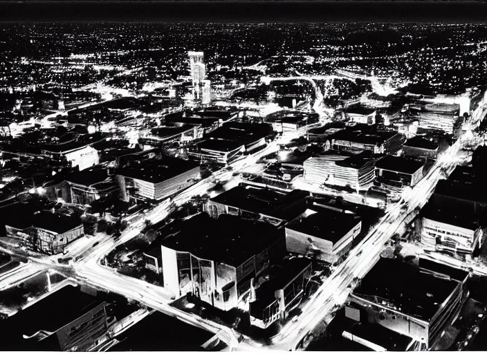 Image similar to a sprawling building complex seen from a dark parking lot in los angeles at night. 1 9 9 0 photo by james cameron. urban photography