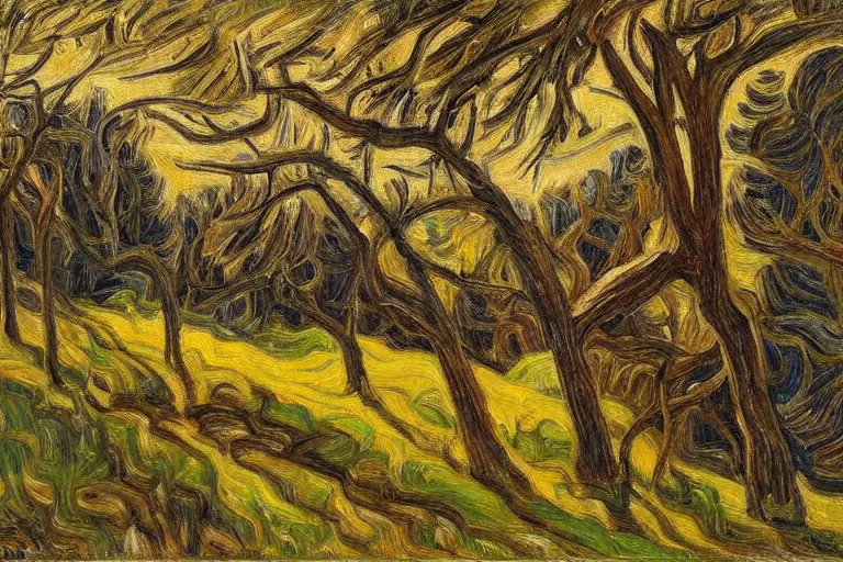 Image similar to masterpiece painting of oak trees on a hillside overlooking a creek, dramatic lighting, by j. e. h. macdonald