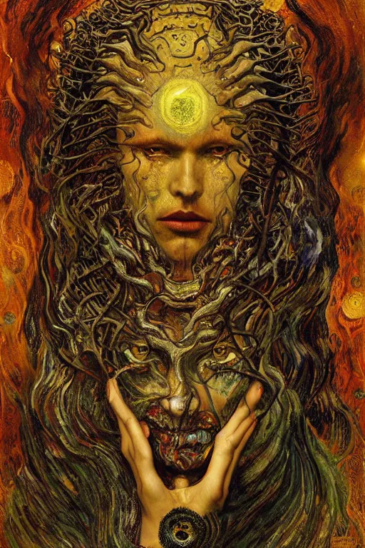 Image similar to Visions of Hell by Karol Bak, Jean Deville, Gustav Klimt, and Vincent Van Gogh, nightmare portrait, infernal, visionary, otherworldly, fractal structures, ornate gilded medieval icon, third eye, hellfire, stygian, spirals