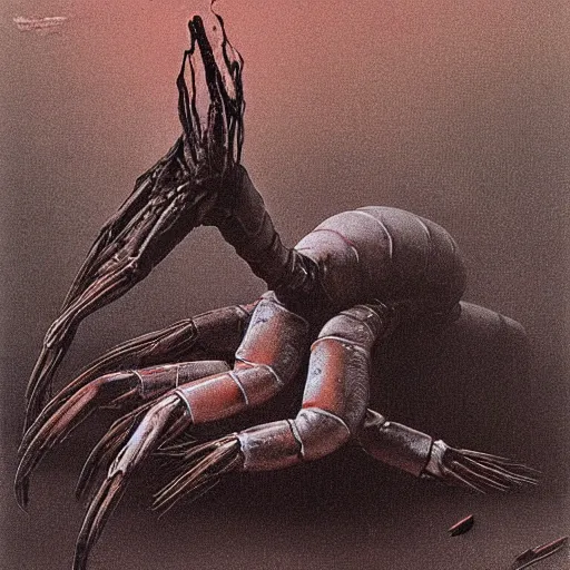 Image similar to shrimp scary, terror by zdzisław beksiński