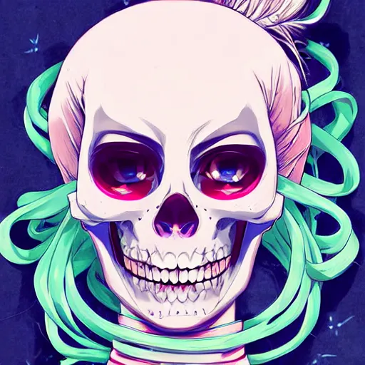 Prompt: anime manga skull portrait young woman skeleton, hello kitty, painterly, logo, graffiti, elegant, highly detailed, digital art, art by jc leyendecker and sachin teng