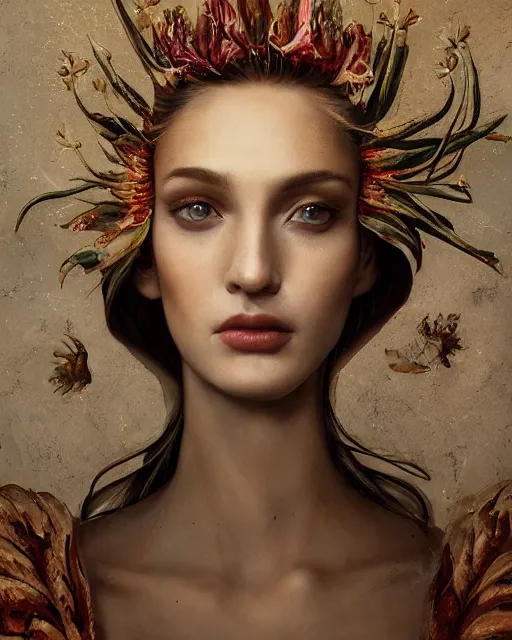 Prompt: portrait of a gorgeous young gladioli queen, uniquely beautiful, surreal, fantasy, ornamental, intricate, elegant, dramatic lighting, emotionally evoking symbolic metaphor, highly detailed, lifelike, photorealistic, digital painting, artstation, concept art, smooth, sharp focus, illustration, art by John Collier and Krenz Cushart and Artem Demura and Alphonse Mucha and Albert Aublet