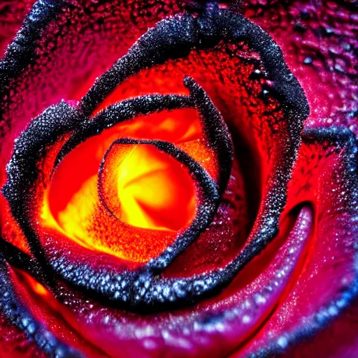 Image similar to award - winning macro of a beautiful black rose made of glowing molten magma, inner glow, lava texture