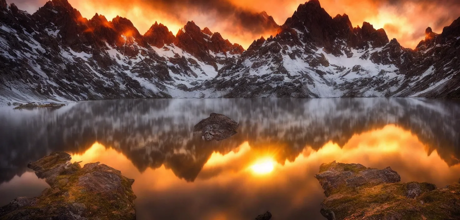 Image similar to amazing landscape photo of mountains with lake in sunset by marc adamus, beautiful dramatic lighting