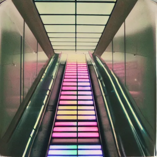 Image similar to a colour Polaroid photo of an illuminated escalator with iridescent Perspex panels in a field, nostalgic