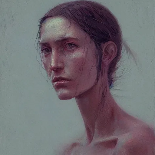 Prompt: A portrait of a woman, art by Greg Rutkowski and Zdzisław Beksiński