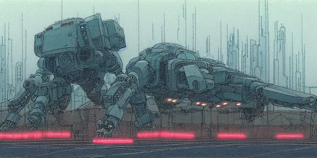 Image similar to grainy risograph matte painting of gigantic huge mech covered with wounds,, pastel matte colors, staying in the foggy huge parking station, by moebius, hyperrealism, intricate detailed