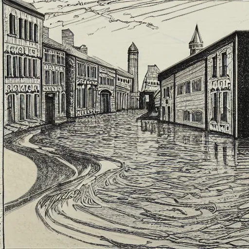 Image similar to water flowing through the streets in old city, sideview, drawing by moebius