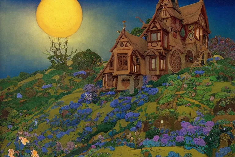 Prompt: the enchanted cottage and gardens of a wise woman on a mountaintop, dramatic cinematic lighting, folk-art carved painted wood house, rich colors, fairytale illustration, by Nicholas Roerich and William Dyce and ford madox brown and April Gornik and Caspar David Friedrich and Diego Rivera and Tyler Edlin and Ivan Bilibin