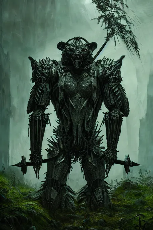 Image similar to neo - gothic giant muscular humanoid chimera, exoskeleton armor, holding katana, dystopian ruins covered in vegetation, highly detailed smooth concept art masterpiece, vitaly bulgarov giger dramatic dark teal light, ground angle hd 8 k, sharp focus