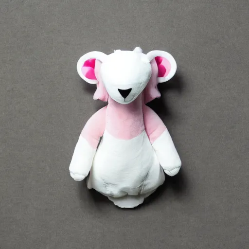 Image similar to a creepy white - and - pink coati plushie made with rough fabric and wearing a shirt