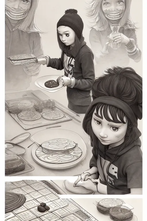 Image similar to millie brown making pancakes, animation pixar style, by pendleton ward, magali villeneuve, artgerm, rob rey and kentaro miura style, golden ratio, trending on art station