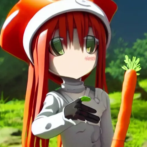 Image similar to cute android humanoid with tomato head and a carrot sword, made in abyss style