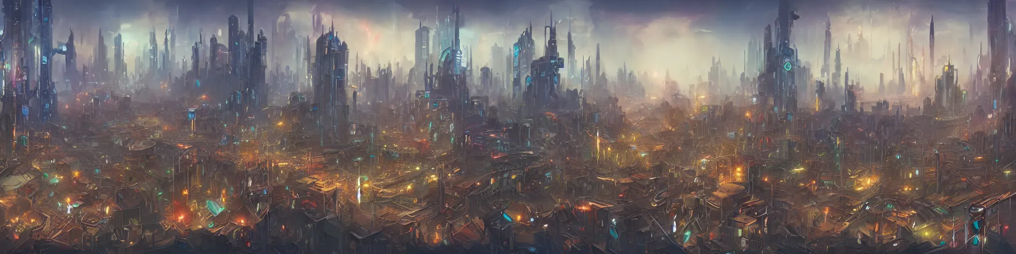 Image similar to Panorama view of cyberpunk city from the street level, art style by pete mohrbacher and artgerm