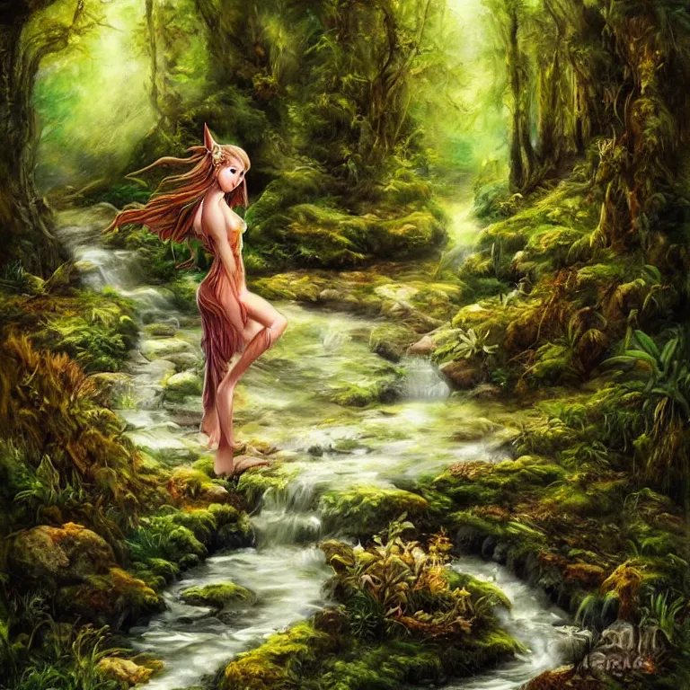 Prompt: light oil painting of a high fantasy beautiful elf goddess in a forest with a stream running down the middle