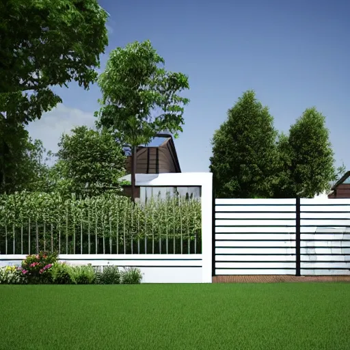 Prompt: Modern gable roofed Farmhouses compound, garden, white block fence,