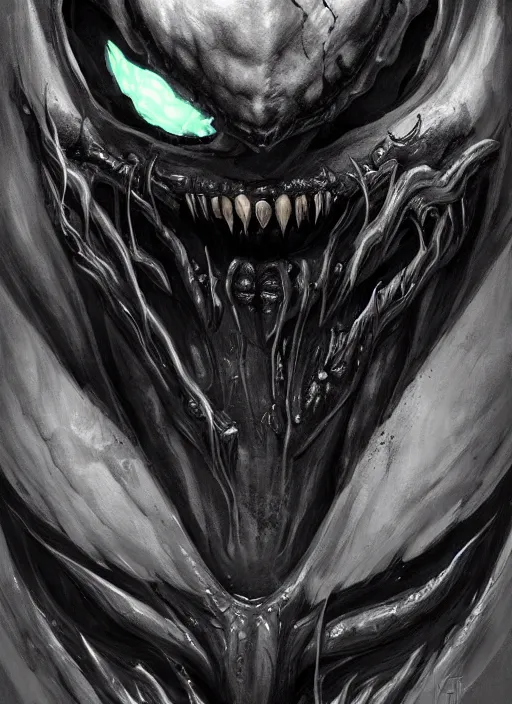 Image similar to giger portrait of venom as joker, hyper detailed, digital art, trending in artstation, cinematic lighting, studio quality, smooth render, unreal engine 5 rendered, octane rendered, art style by klimt and nixeu and ian sprigger and wlop and krenz cushart.