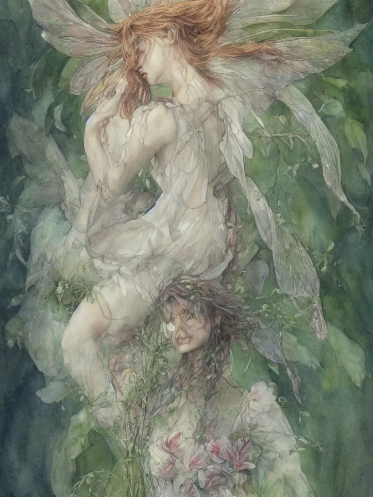 Image similar to study of a flower fairy, illustration, watercolor, alan lee, detailed, pretty, ethereal, realistic, artstation