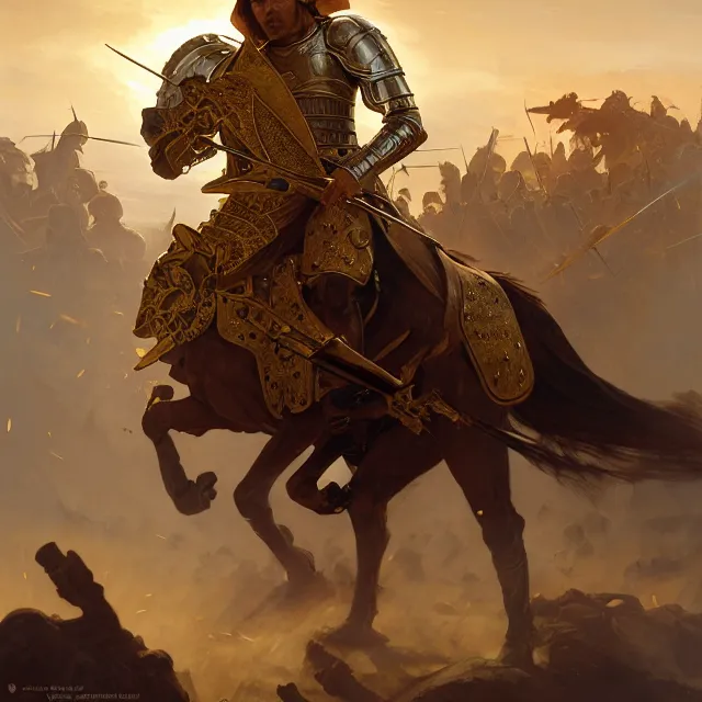 Image similar to battle of kings, medieval war, fire and dust and golden armor, action, dramatic lighting, intricate, wild, highly detailed, digital painting, artstation, concept art, smooth, sharp focus, illustration, art by artgerm and greg rutkowski and alphonse mucha