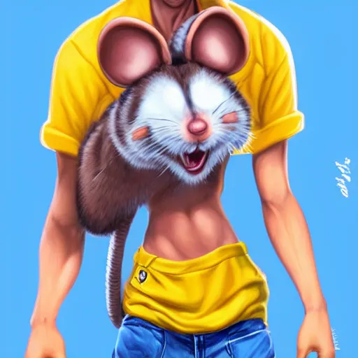 Image similar to anthropomorphic mouse wearing denim short shorts and yellow tank top, highly detailed, artgerm style, artstation, soft light, sharp focus, illustration, character design, concept art