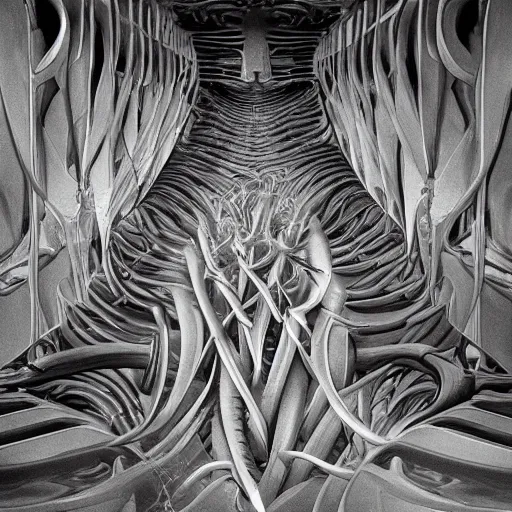 Image similar to Escher impossible art made with smooth pipes and soft flesh, merged machima, soft lighting, crepuscular rays, realistic octane render, 8k, ultra detailed, concept art, art GIGER, style by H. R. GIGER and M. C. Escher