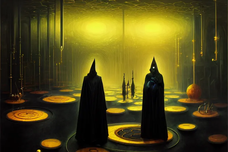 Prompt: a beautiful masterpiece painting of a technomancer wizard in black robes with pointed hood discussing sentience with his synthesized AI djinn in his laboratory filled with computers by Remedios Varo and Anato Finnstark and Greg Rutkowski