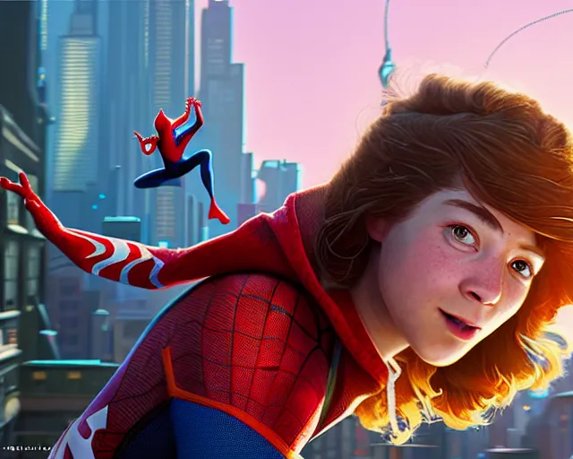 Image similar to highly detailed portrait of jessie buckley, in spider - man : into the spider - verse, stephen bliss, unreal engine, fantasy art by greg rutkowski, loish, rhads, ferdinand knab, makoto shinkai and lois van baarle, ilya kuvshinov, rossdraws, tom bagshaw, global illumination, radiant light, detailed and intricate environment