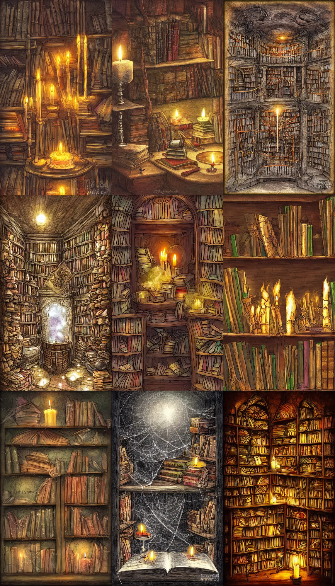 Prompt: fantasy library with burning candles and cobwebs, digital art