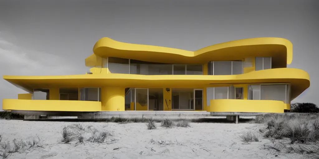 Prompt: architecture ad for a mid-century modern house by the beach designed by Zaha Hadid. From afar. Film grain, cinematic, colorized, yellow hue.