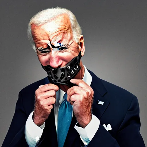 Prompt: uhd candid photo of joe biden wearing a anti - biting muzzle, with accurate face, real anti - biting muzzle, uhd, studio lighting, correct face, photo by annie leibovitz