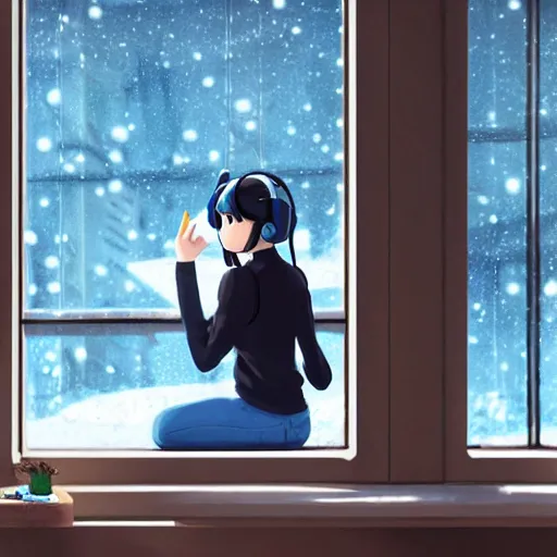 Prompt: Anime painting of a black haired girl wearing headphones looking out of the window into the snowy cold city while studying in her warm cozy home, by makoto shinkai, relaxed, calm, trending on artstation, kimi no na wa