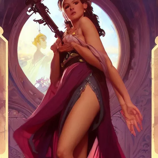 Image similar to jasmin princess, posing heroically, heavenly, full body close-up shot, elegant, digital painting, cinematic, trending on artstation, concept art, illustration, art by artgerm and Greg Rutkowski and Alphonse Mucha