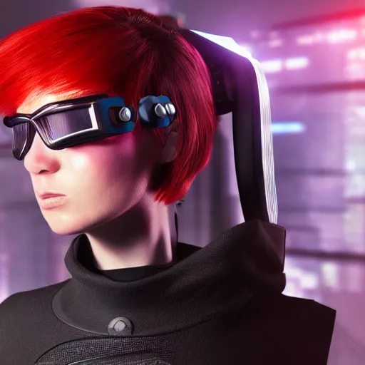 Prompt: red haired female, cyberpunk, wearing futuristic goggle, cyborg ; photorealistic, hyper real, 8 k, high details