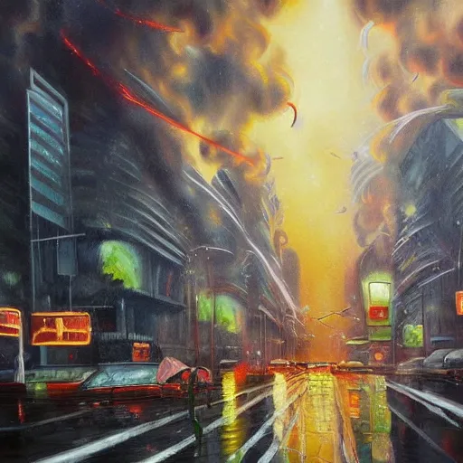 Image similar to hyperrealistic oil painting of the aliens invading earth at the rainy day all the people are running the street are ruined the buildings are on fire and the aliens are shooting laser guns 3 d