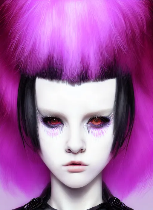 Image similar to whitebangs, black hair, black cyberlox, portrait of white teenage girl, normal face, white bangs, fluffy bangs, cyberlox, whitebangs, red contact lenses, purple background, intricate, elegant, highly detailed, digital painting, artstation, concept art, sharp focus, smooth, illustration, art by wlop, mars ravelo and greg rutkowski