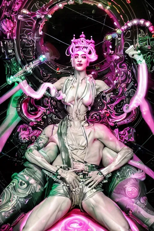 Image similar to full-body rococo and cyberpunk style neon statue of a muscular attractive Lunay macho dotado e rico android sim roupa reclining con las piernas abertas e la piroca dura, ethereal white dripping tar, glowing orange lasers, pink tigers, glowing eyes, silver prince crown, black gears, pink diamonds, swirling mint-colored silk fabric. futuristic elements. full-length view. human skulls. large intricate artwork by caravaggio. Trending on artstation, octane render, cinematic lighting from the right, hyper realism, octane render, 8k, depth of field, 3D