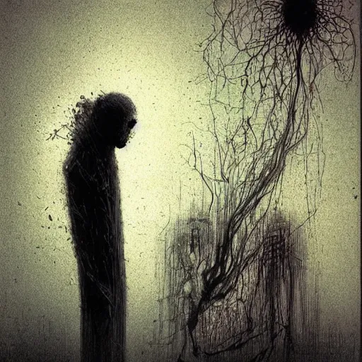 Image similar to robot ghost, glitch distortion, unbearable anxiety, tension, man just out of frame, by Stephen Gammell and Beksinski and Stalenhag.