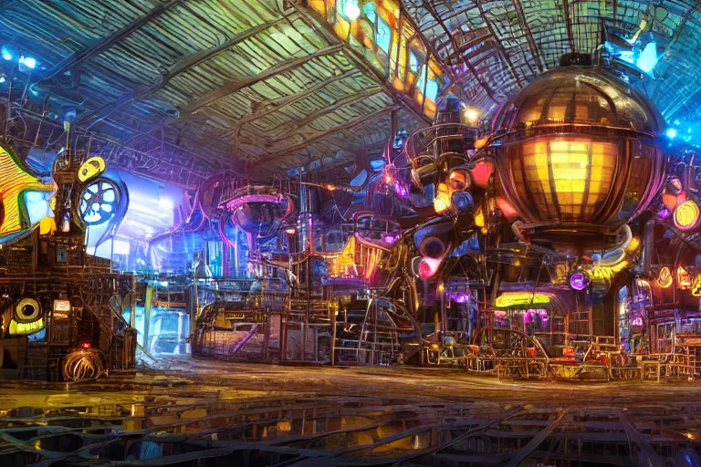 Image similar to a festival stage, bandname is tripmachine, center of the stage are two huge futuristic steampunk generators inside a huge steampunk engine, 8 k, fluorescent colors, halluzinogenic, multicolored, exaggerated detailed, unreal engine