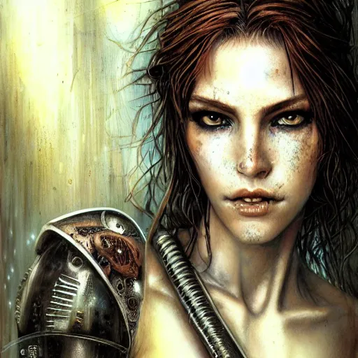 Prompt: an award finning closeup facial portrait by luis royo and john howe of a very beautiful and attractive female bohemian cyberpunk traveller aged 2 5 with green eyes and freckles in clothed in excessively fashionable cyberpunk gear and wearing ornate warpaint