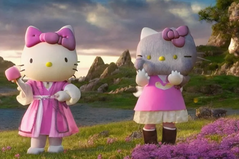 Image similar to portrait of Gandalf wearing Hello kitty outfit, smiling warmly, sunrise, movie still from Lord of the Rings, cinematic