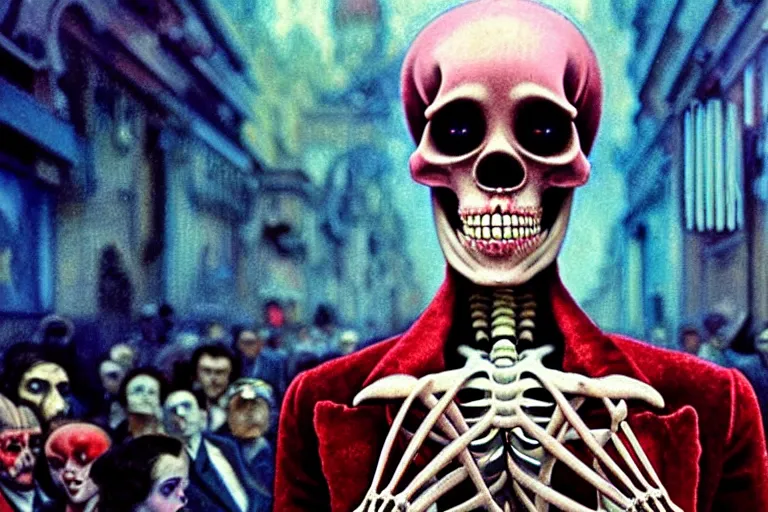 Prompt: realistic detailed photorealistic film closeup portrait shot of a single skeleton wearing crimson velvet blazer in a crowded futuristic moscow street by Denis Villeneuve, Amano, Yves Tanguy, Alphonse Mucha, Ernst Haeckel, Andrei Tarkovsky, Edward Robert Hughes, Roger Dean, rich moody colours, wide angle, blue eyes