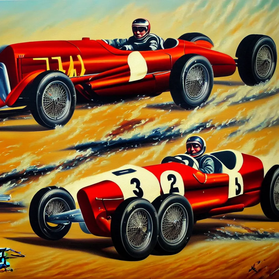 Image similar to a oil painting of a vintage car racing poster