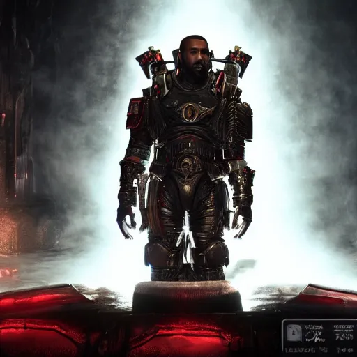 Image similar to Portrait of Kanye West as the emperor of humanity from warhammer 40k in Gears of War, splash art, movie still, cinematic lighting, dramatic, octane render, long lens, shallow depth of field, bokeh, anamorphic lens flare, 8k, hyper detailed, 35mm film grain
